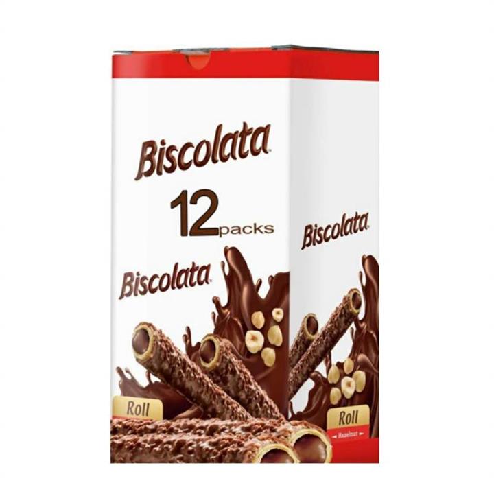 ویفر رول رول با مغز شکلات و فندوق بیسکولاتا -28 گرم بسته 12 عددی